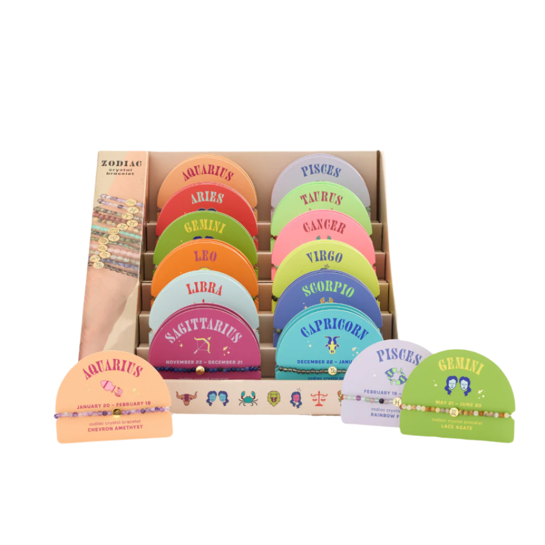 A collection of colorful zodiac-themed crystal bracelets displayed in a box, with each bracelet labeled with a different zodiac sign.